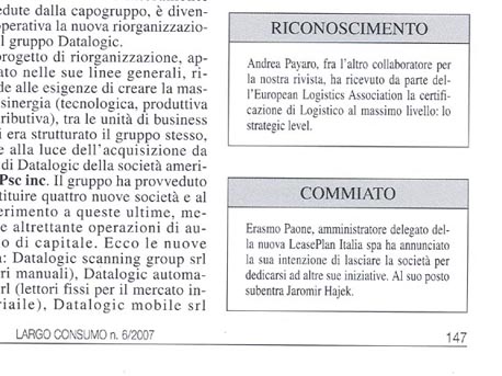 Riconoscimento di Largo Consumo alla certificazione ELA di Andrea Payaro pubblicato in Luglio 2007